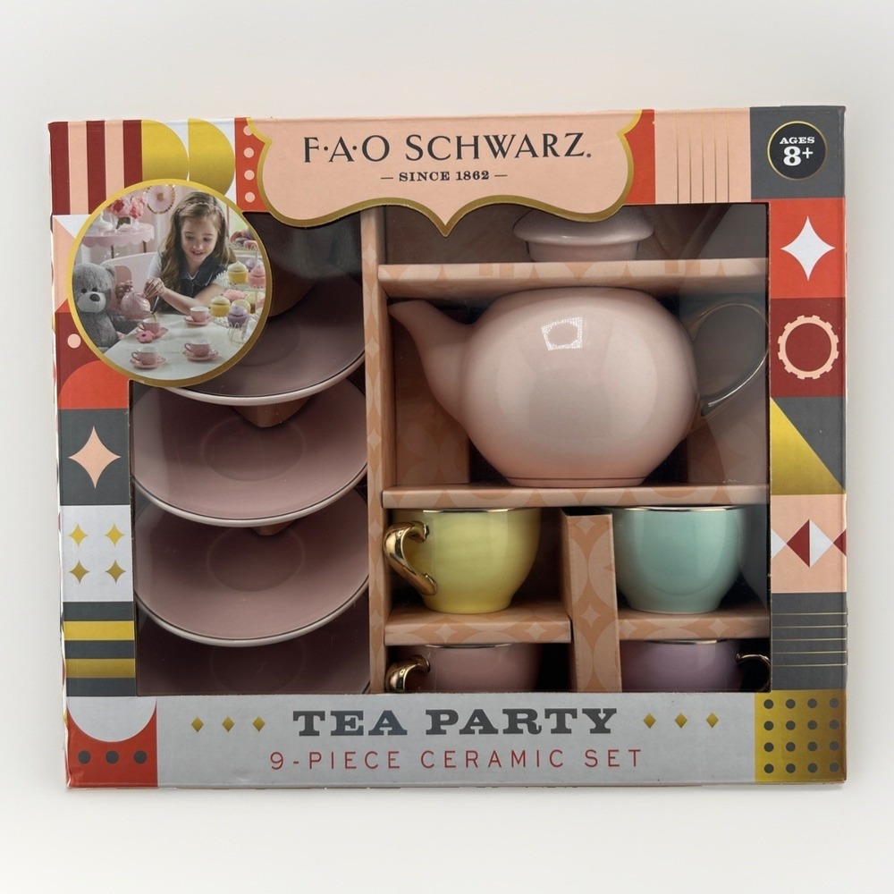 FAO Schwarz Tea Party Set Kids Multicolor 9-Piece Ceramic Porcelain Hand Painted